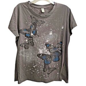 Hybrid Apparel Butterfly T-Shirt Women's 2X Gray Cap Sleeve Crew Neck